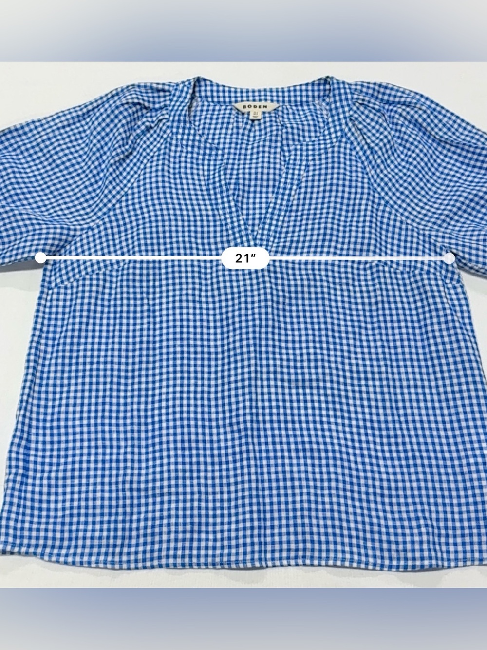 Boden 100% Linen Blue & White Gingham Puff-Sleeve Split-Neck Blouse - Picture 7 of 8